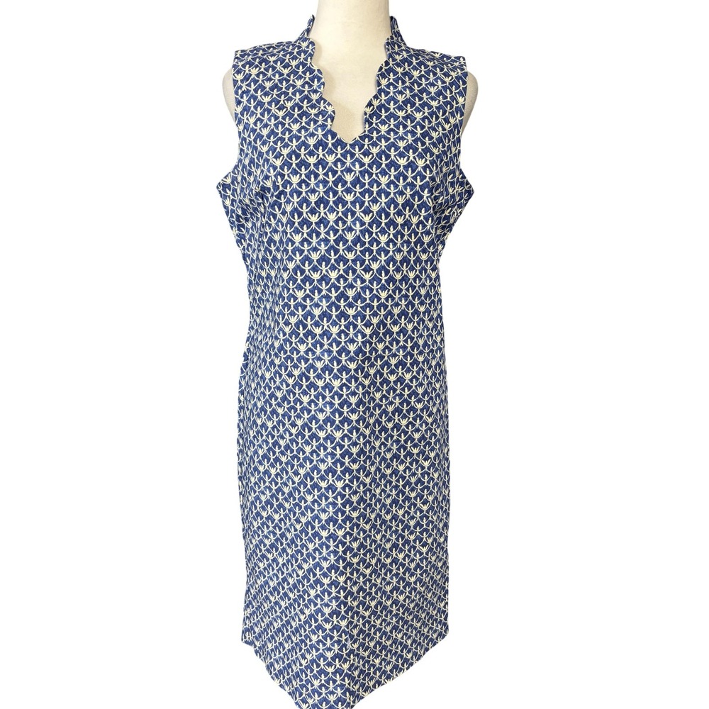 J.McLaughlin Dress Womens 8 Blue White Scalloped Neck‎ Shift Bird Print